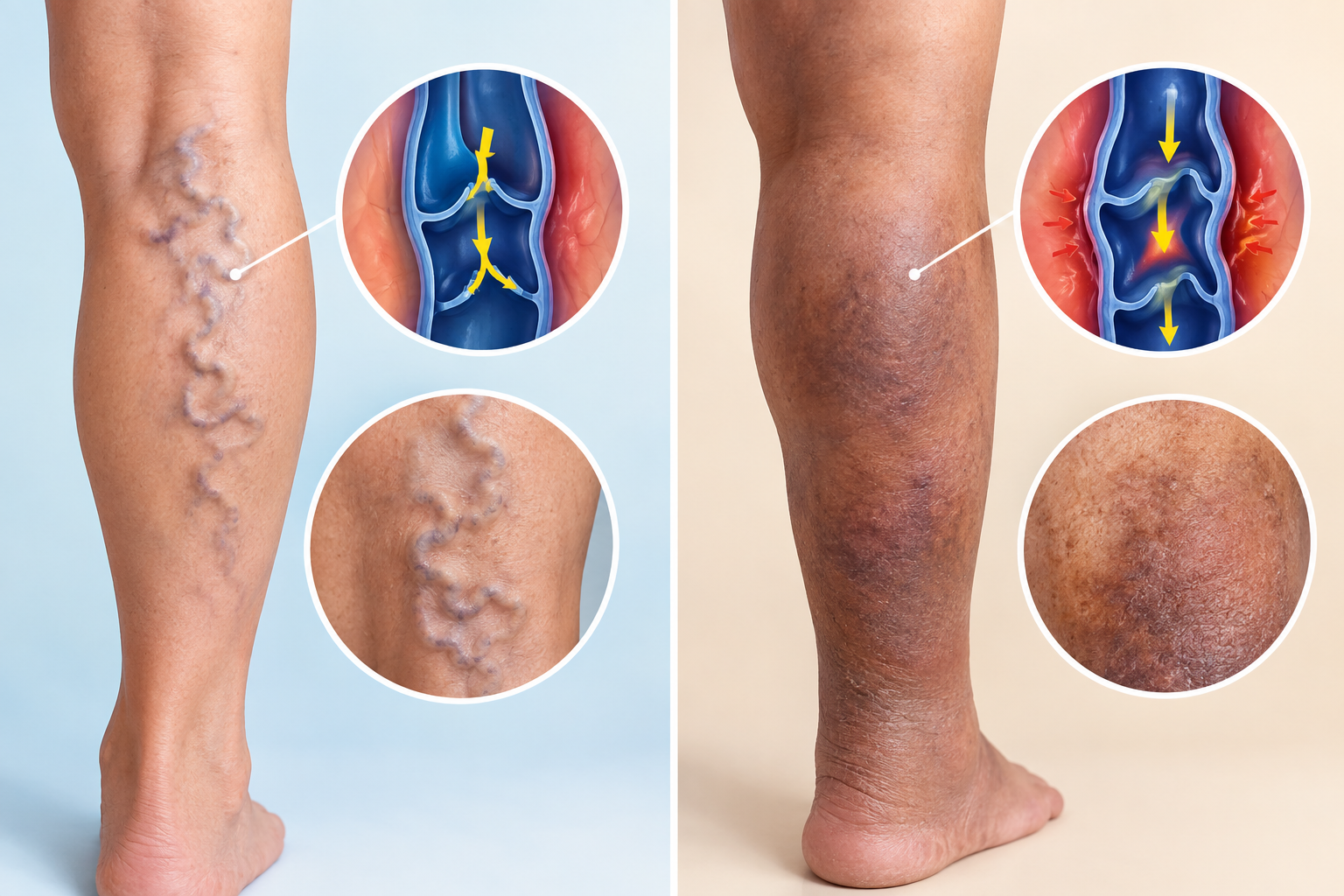 Leg with varicose veins, illustrating the comparison between varicose veins and chronic venous insufficiency